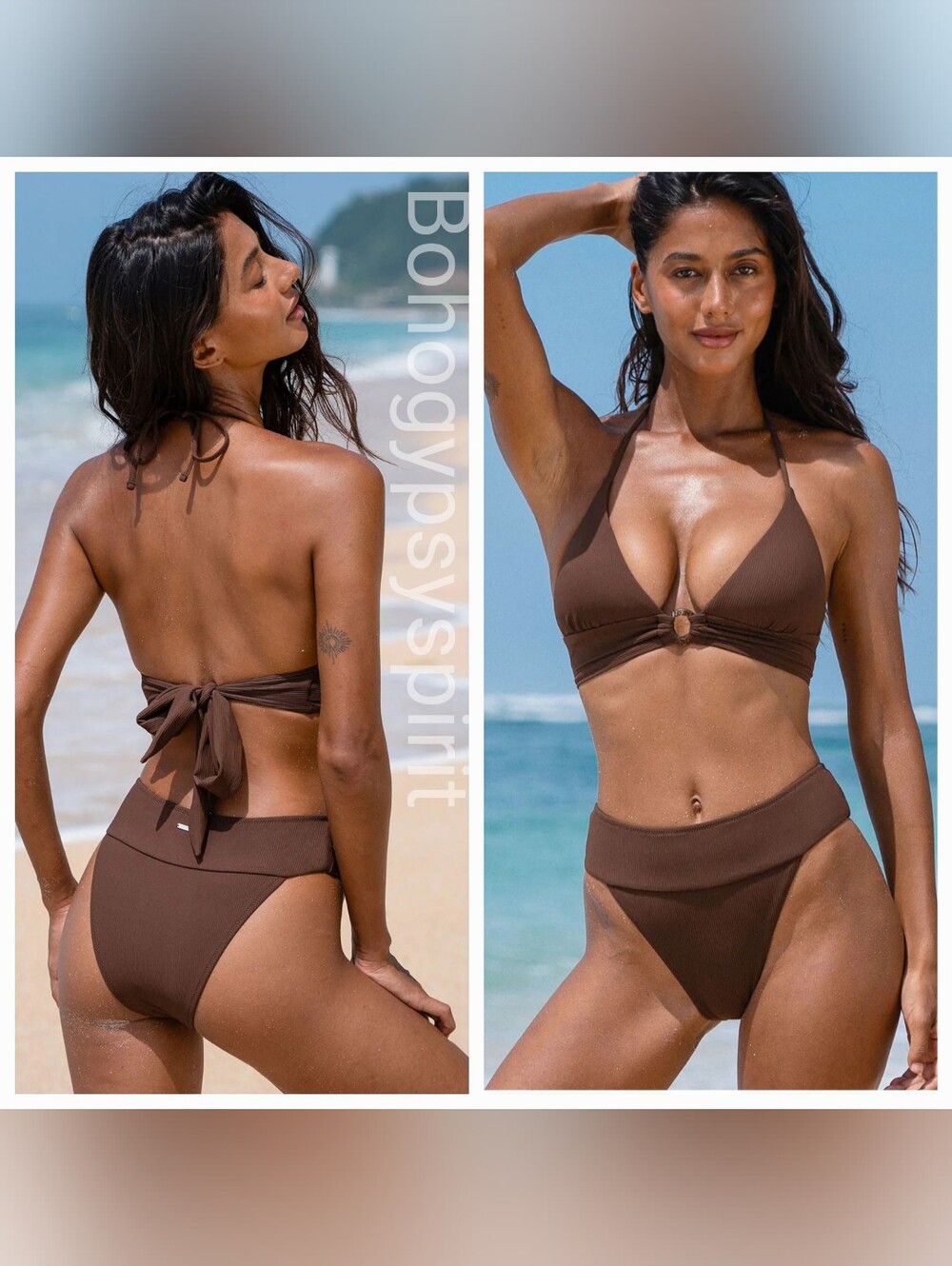 NWT Berlook Coffee Brown Back TieTop & Black High Cut WaistBottom, L Bikini Set